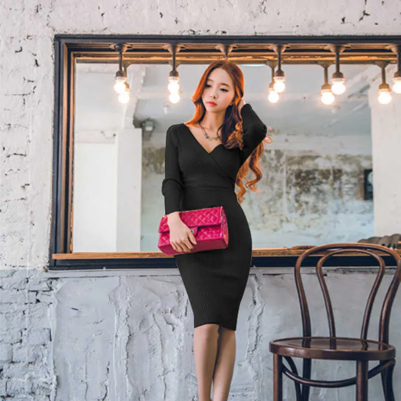 SENBATU Robe Tricotée Femmes Automne élégant Pullover Robe Manches Longues Col En V Vêtements D'hiver Bleu Marine Petit