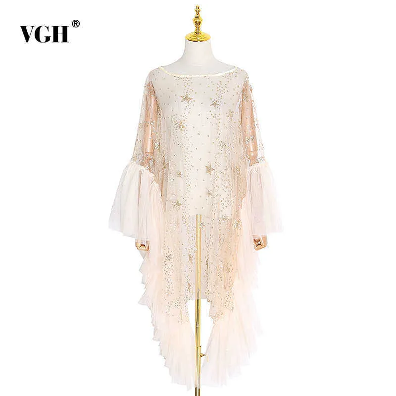 See Through Sexy Dress For Women O Neck Batwing Sleeve Patchwork Sequin Irregular Dresses Female Fashion Clothing Fall 210531