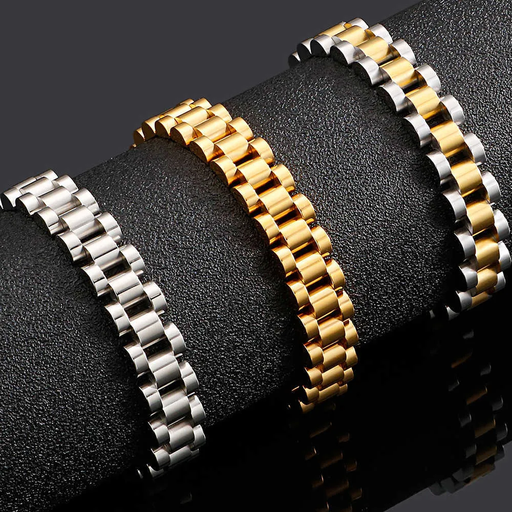 Bracelet pour hommes en acier inoxydable doré pour hommes 10 MM large chaîne de montre dames femmes Bracelets en gros garçons bijoux accessoires 210609