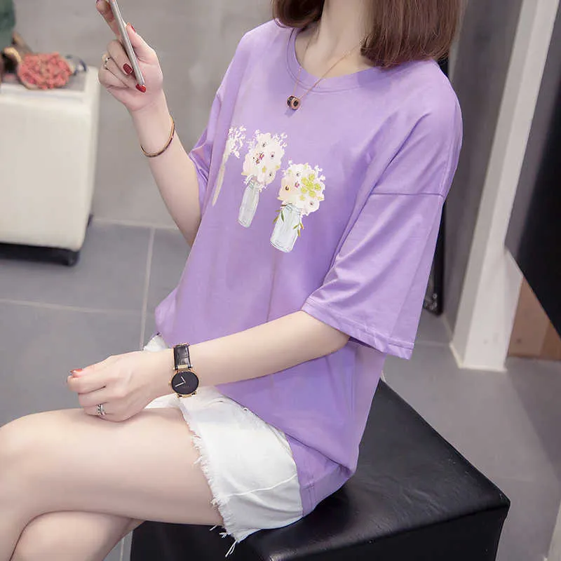 プラスサイズの綿韓国のTシャツの女性服夏のトップスTシャツ半袖カジュアル花柄ゆるいティーシャツFemme 210604