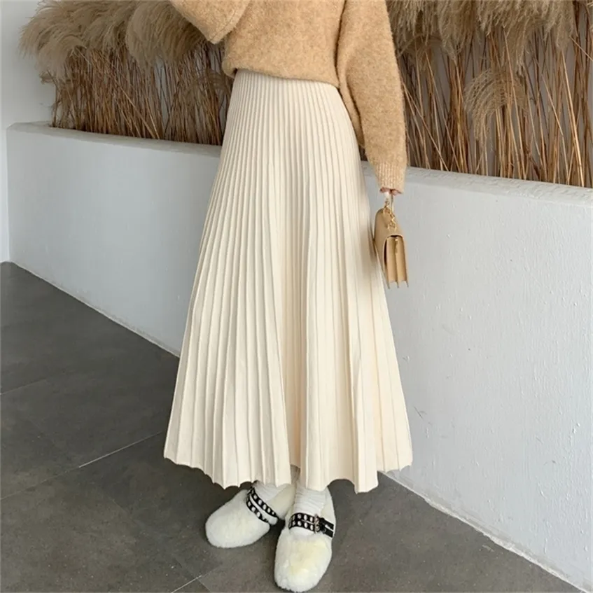 Winter Thickened Rib Knitted Large Swing Maxi Long Skirts Elegant Solid A-line Pleated Ankle Length Knit Coffree Beige 220224