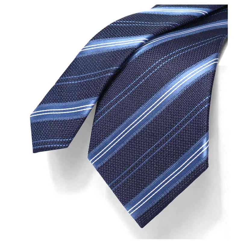 Marque 8CM luxe rayé cravate pour hommes mariage affaires mode robe costume soie Polyester bleu mâle cravate avec boîte-cadeau