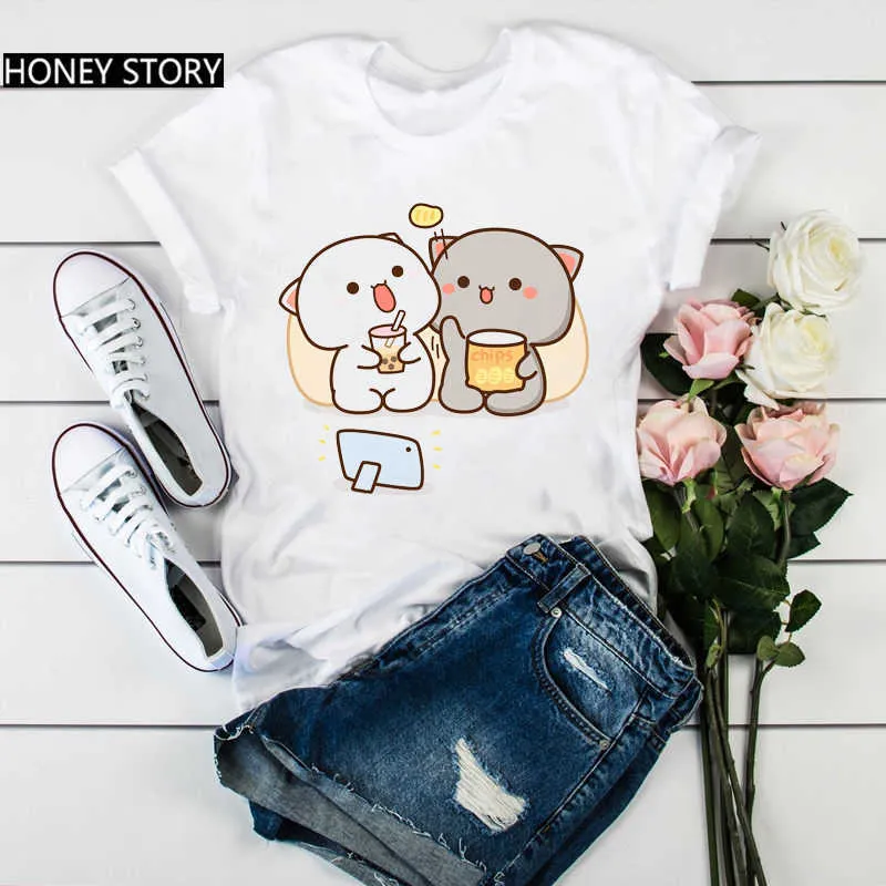 Nyligen kvinnor T-shirt tecknad rolig söt katt tryck t-shirt femme hajuku kawaii sommar toppar tee shirt femme tumblr kläder x0527