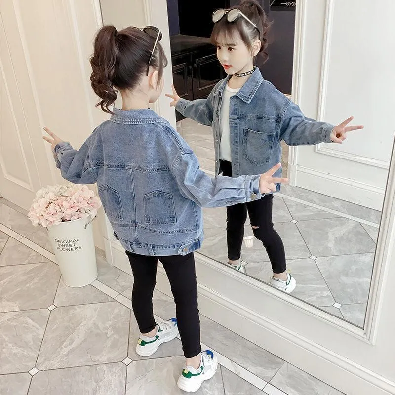 Jaqueta infantil outono jaqueta jeans manga comprida bolso trespassado tops jeans versáteis primavera moda menina casaco roupas casuais