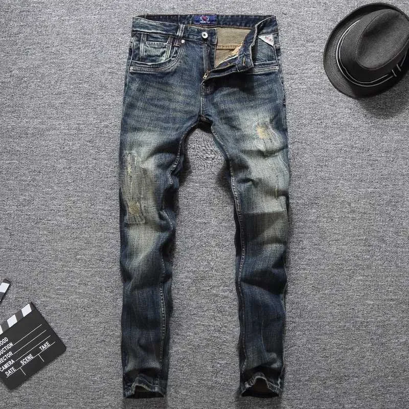 Włoski Styl Moda Mężczyźni Dżinsy Wysokiej Jakości Retro Czarny Niebieski Slim Fit Ripped Streetwear Vintage Designer Denim Spodnie V5A2