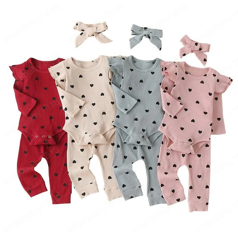 Coeur imprimé filles tenues infantile bébé à manches longues barboteuses enfant en bas âge à volants Onesies filles élastique pantalon bandeau enfants dessin animé ensemble