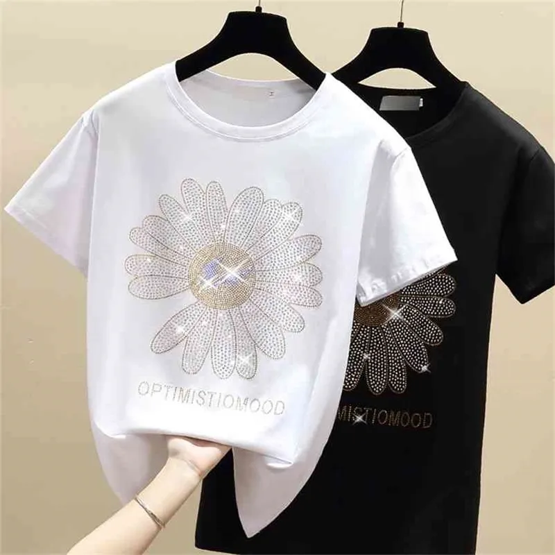 Mode Ins Loose T-shirt Kvinnor Sommar Små Daisy Short Sleeve Sun Flower Cotton Tshirt Top 210623