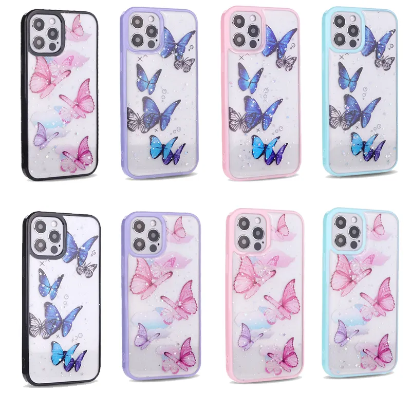 BLING CLEAR Butterfly Bumper Phone Fodral för iPhone 12 11 Pro Max Mini XR XS X 8 7 6 Plus