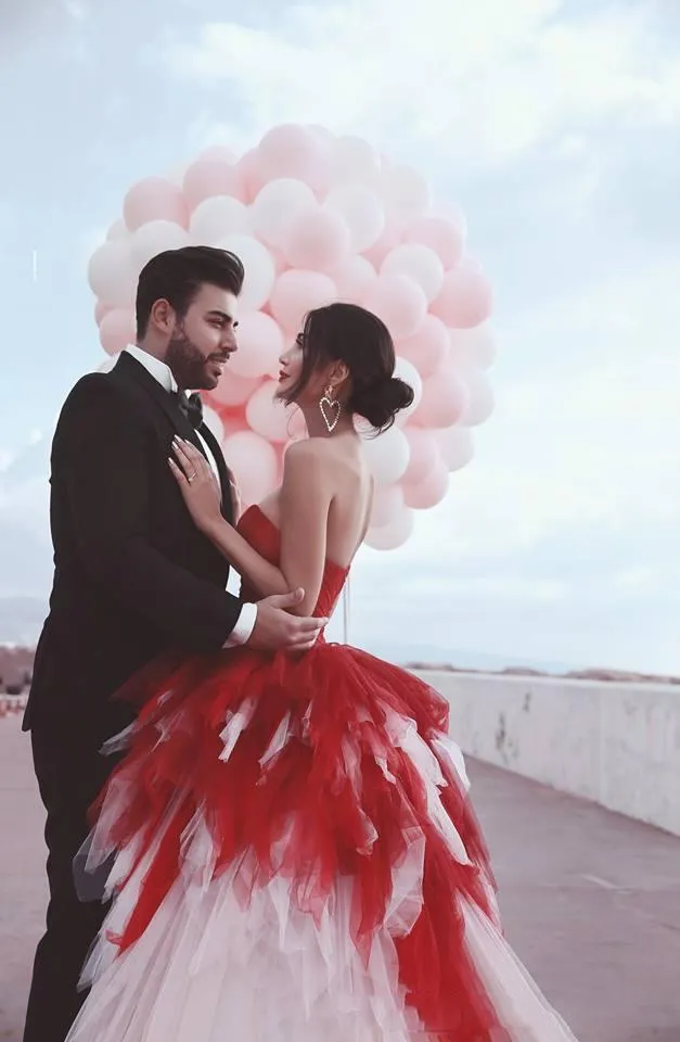 cute red dresses for a wedding Custom Red Wedding formal gown Red dress with Sweetheart Neckline, Tulle Tiered Skirt, and Sweep Train