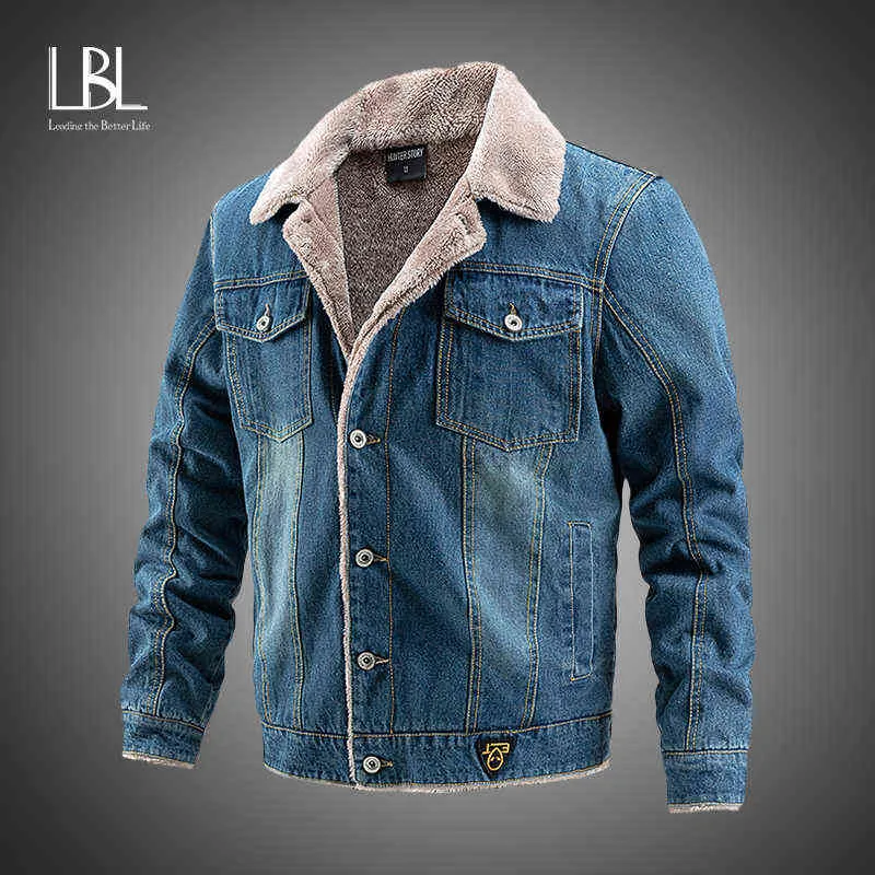 LBL Plus Fluwelen Dikke Denim Jas Mannen 2021 Casual Revers Katoen Jeans Jassen Mannen Bontkraag Warme Winter Heren Jassen Y1122