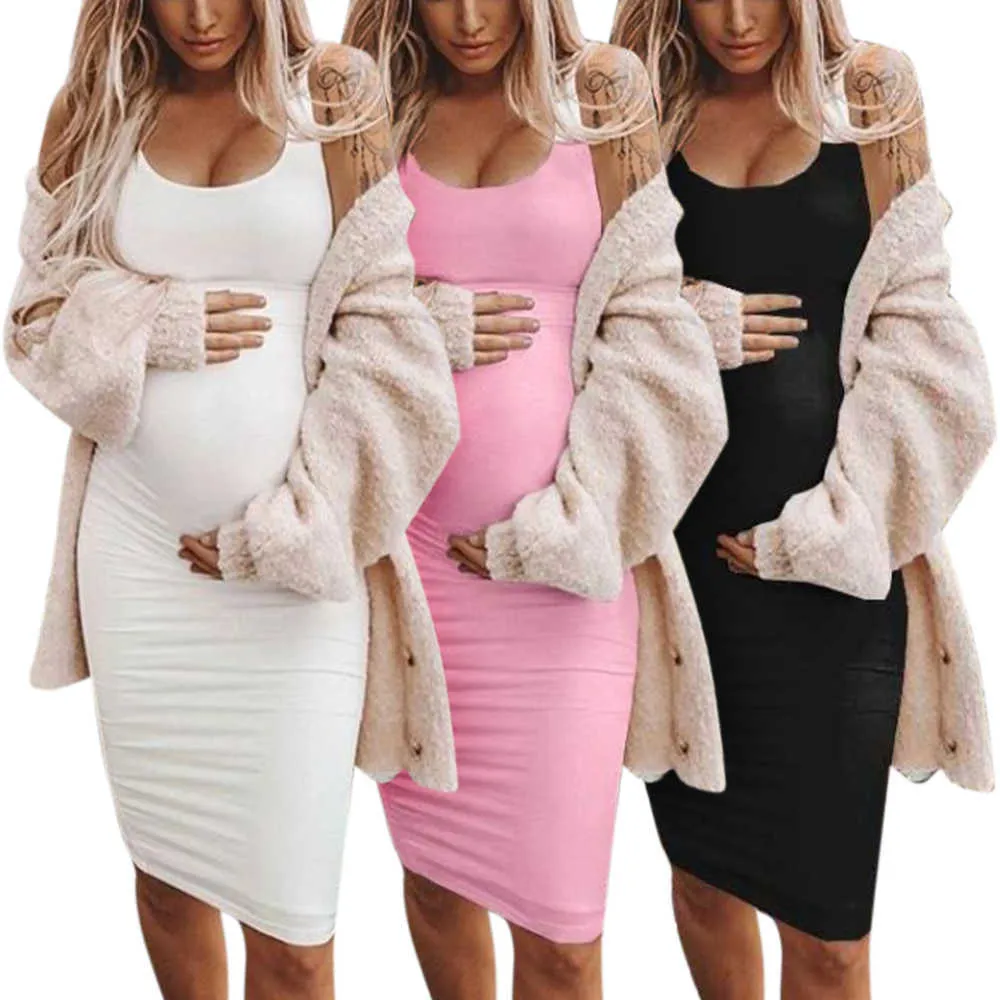 Stylish Sleeveless White Ribbed Maternity Dress for Summer - Straight O Neck, Solid Color, Casual Style - Q0713