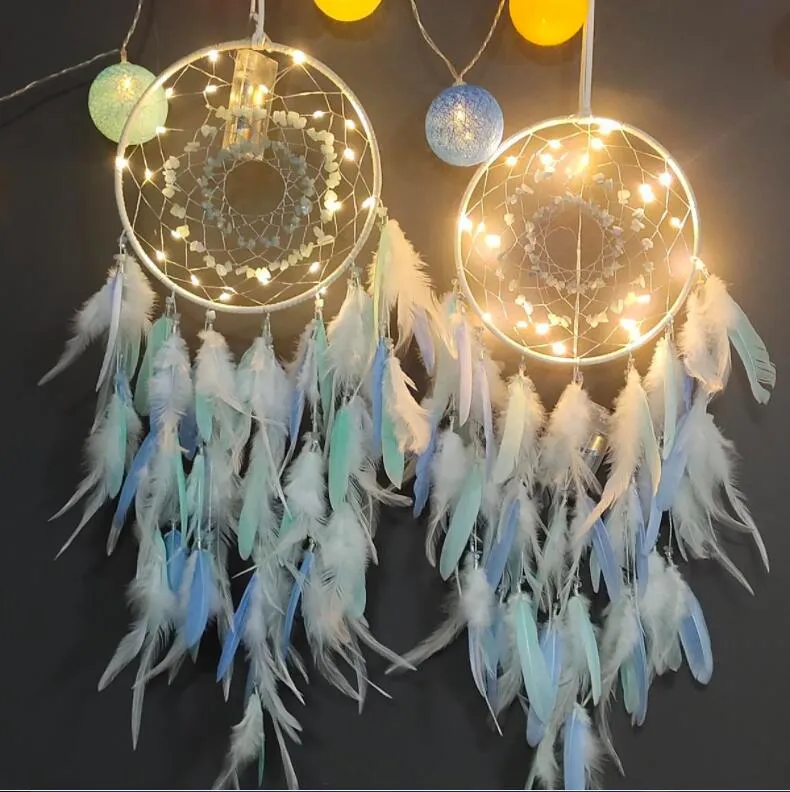 Dream Catcher with Lights Handmade Wall Hanging Decor Ornaments Craft for Girls Bedroom Car Home Colorful Feather Dreamcatchers Gift