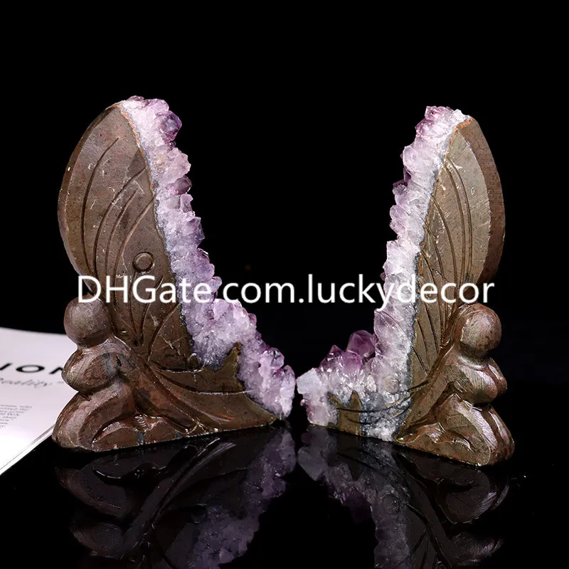 2pcs Vacker naturlig druzy agate geode kvarts kristall ametyst cluster carving fe tjej med vinge fjäril totem hem kontor skrivbord dekor