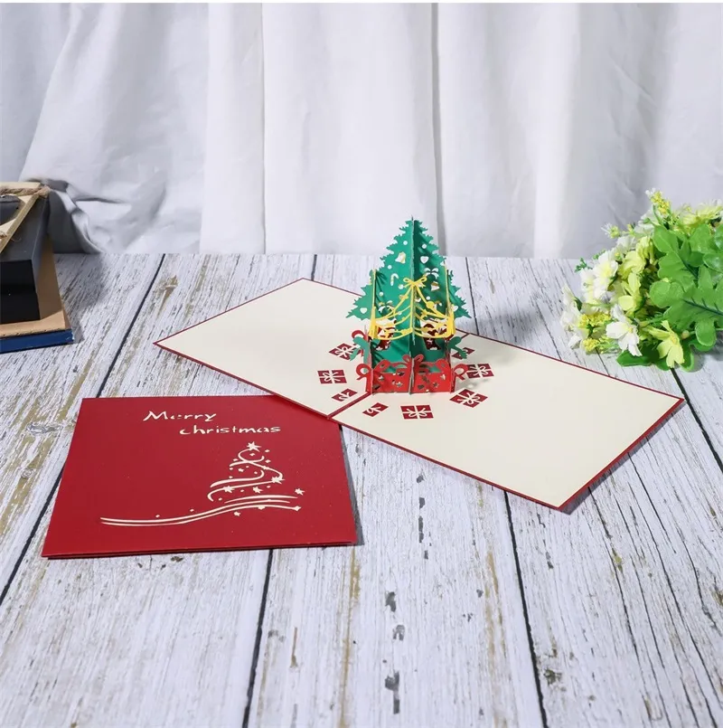 Joyeux Noël Cartes-cadeaux 3D Arbre De Noël Laser Pop Up Type Pliant Carte De Voeux Pour Navidad Natal Nouvel An Party Favors Cartes 10C3