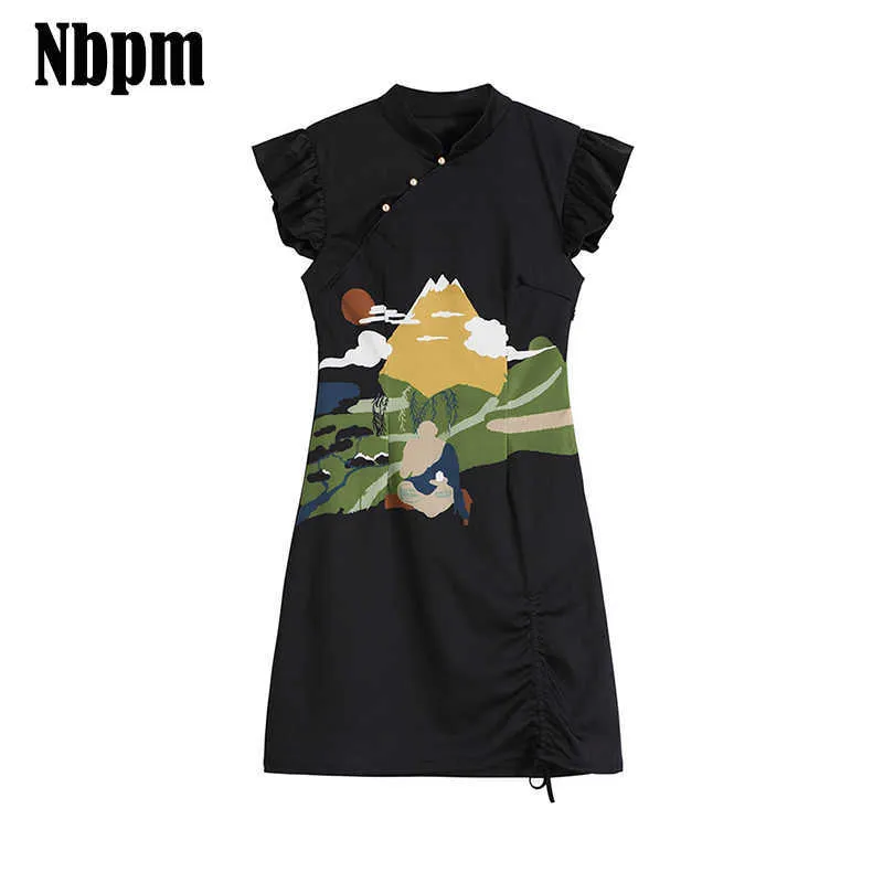 Vintage Chinese stijl avondjurken tekenen string dames sundress druk casual sexy hoge taille jurk kleding voor vrouwen 210529