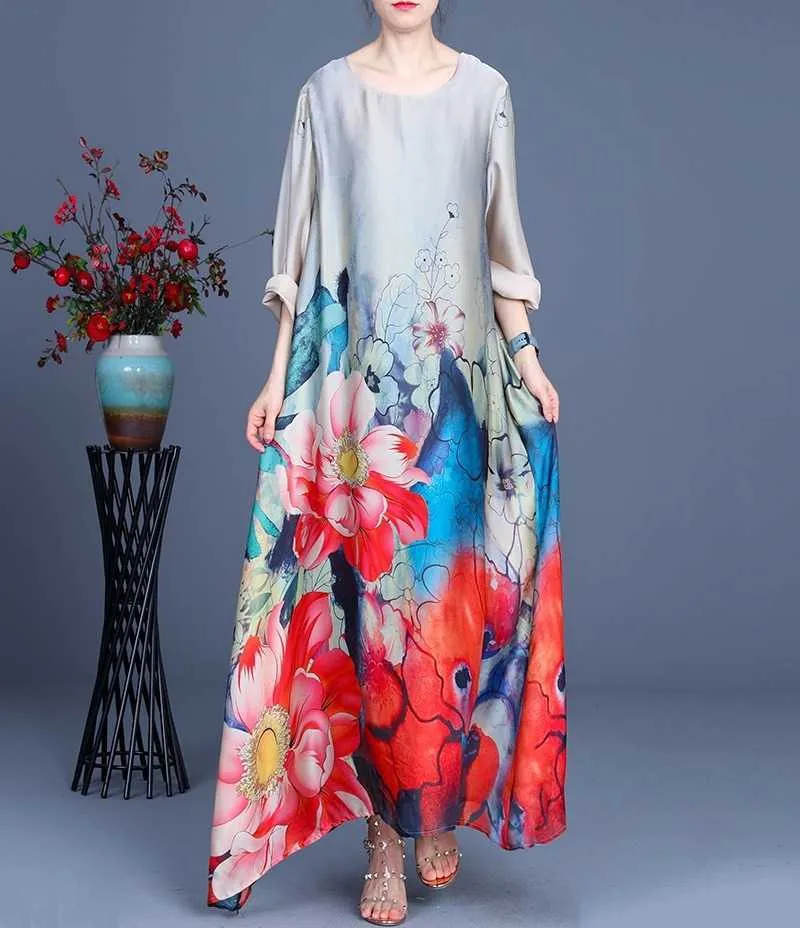 Vår och sommar Casual Loose Women's Dress Printed Pastoral Elegant Temperament Oregelbunden Lång 210615