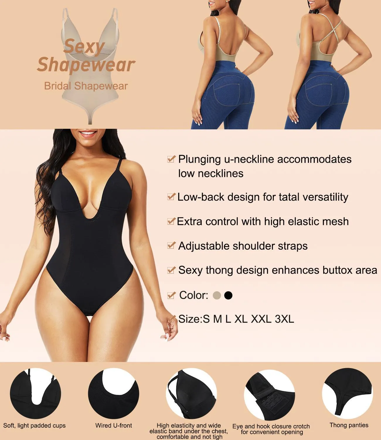 Women's Bodysuits Backless U Plunge Bodysuits Backless Body Shaper