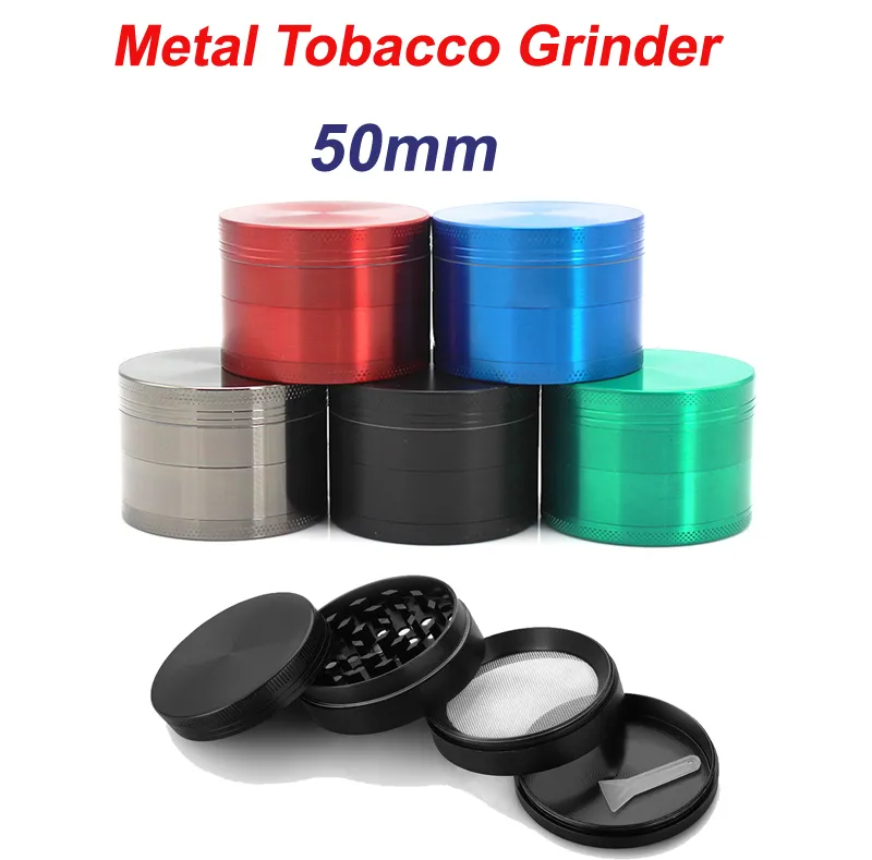 4 lager Rökning Tillbehör Grinders Herb Tobak Spice Crusher 50mm Zink Alloy Grinder med skrapa Flat Concave 5 färger inklusive detaljhandelspaket