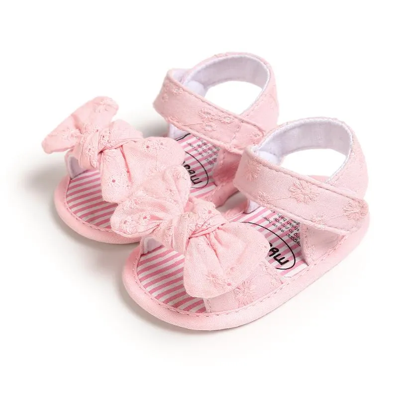 Sandales Born Baby Girls Bowknot Anti-dérapant Bout ouvert Semelle souple Prewalker Summer Berceau Chaussures Couleur unie Plat Premier marcheur