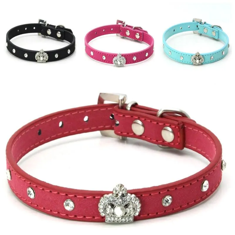 Dog Collars & Leashes Rhinestones Crown Collar Soft Velvet Material Adjustable Cat With 4colors XS S M