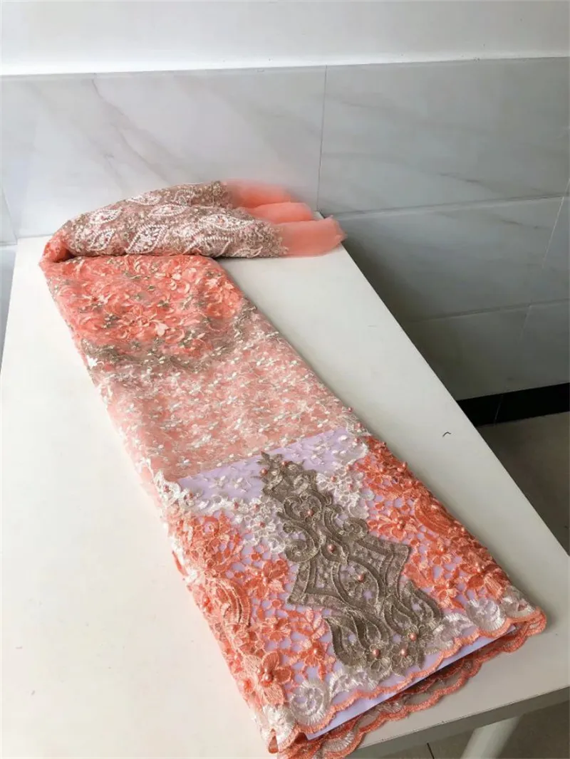 5ヤード/ロット素晴らしいオレンジフレンチネットレース生地花刺繍マッチビーズアフリカのメッシュ素材$ 102