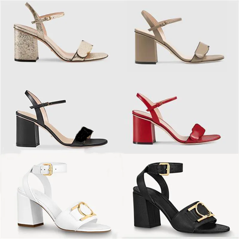 Kobiety Zablokuj Sandały Luksusowe Wysokie Obcasy Metalowe Laminat Skórzany Mid-Heel Sandal Suede Designer Sandały Letnie Buty Ślubne