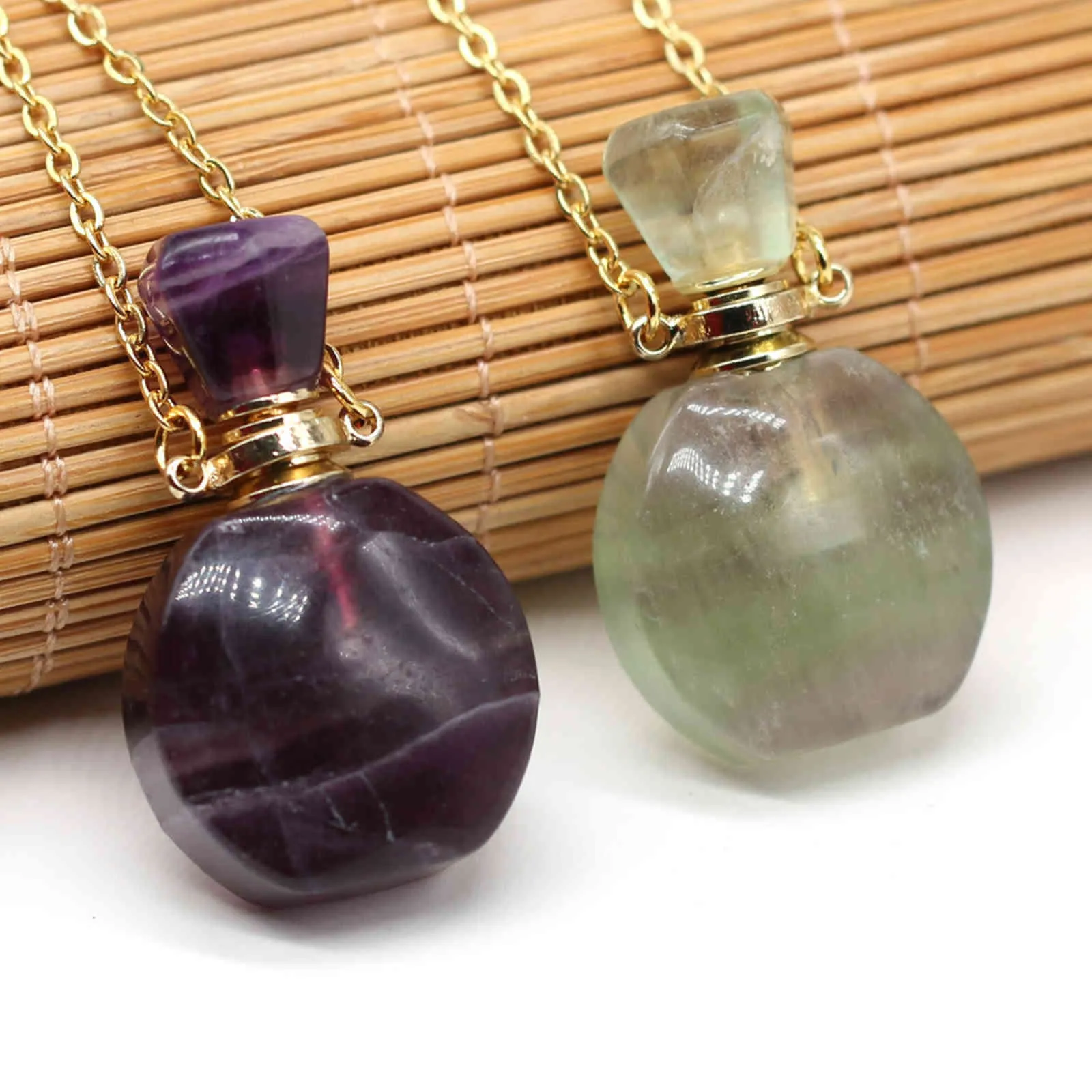 21XL0023 chaîne en acier inoxydable parfum bouteille d'aromathérapie collier pendentif en pierre naturelle