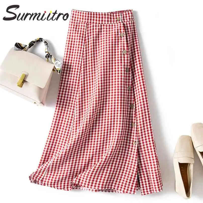 SURMIITRO printemps été femmes Style coréen rouge noir Plaid simple boutonnage taille haute école esthétique jupe Midi femme 210629