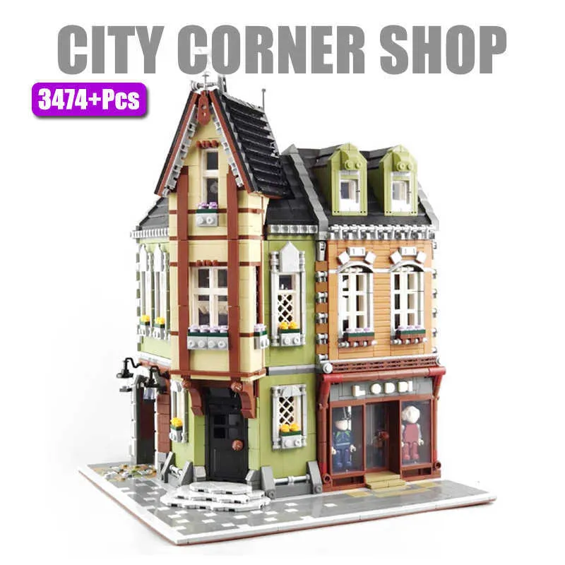 3474pcs Creator City Street View Cafe Corner Mall Byggstenar Arkitektur Tegelstenar Barn Barn Modeller DIY Leksaker Gåvor Q0624