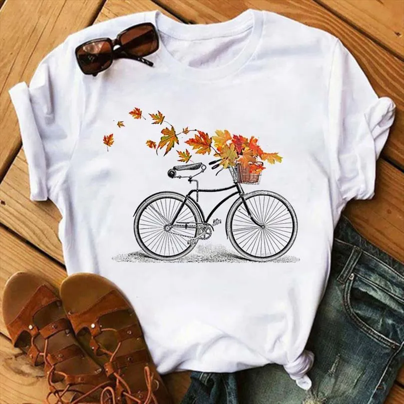 Maycaur Flower Fiets en Mannen T-shirt Womens Cartoon Print Tshirts Harajuku O Hals Kleding Casual Leuke Korte Mouw Tops