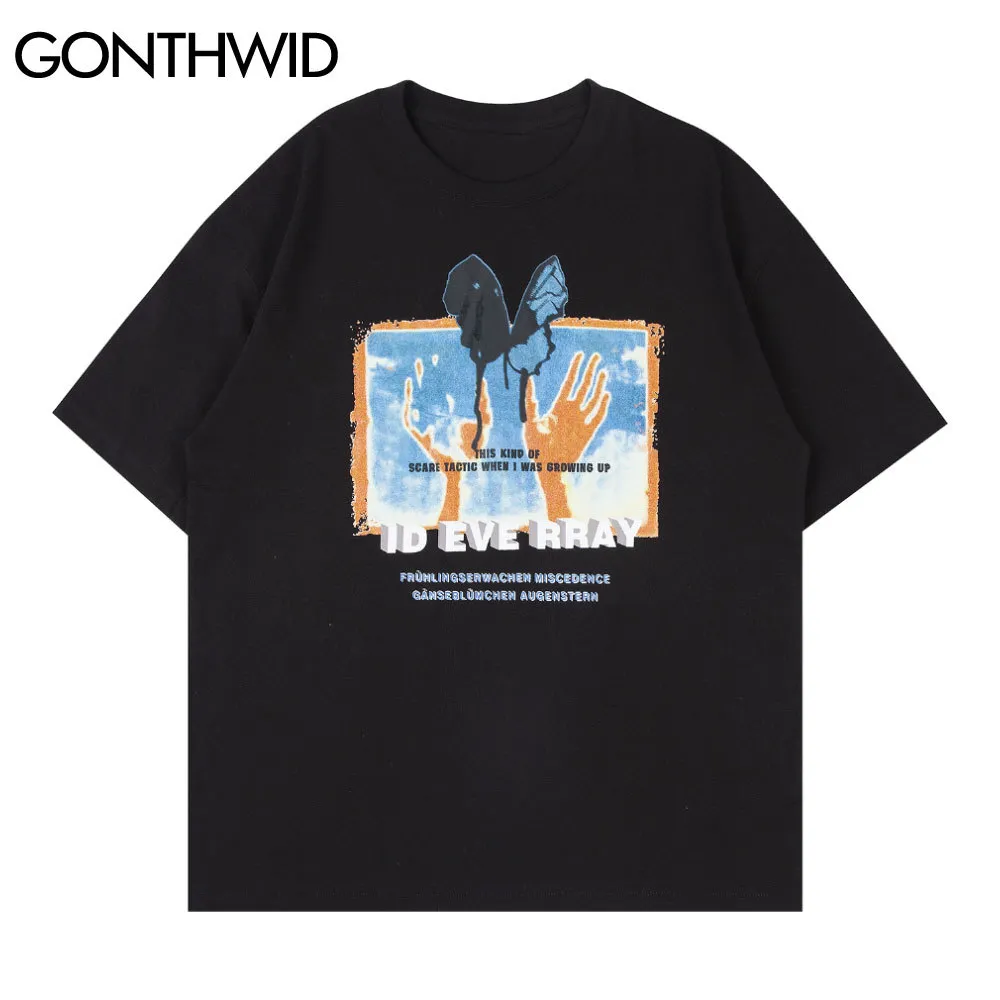 GONTHWID Tees Shirts Harajuku Casual Butterfly Hands Print Short Sleeve T-Shirts Streetwear Hip Hop Fashion Cotton Loose Tops C0315