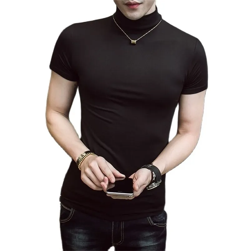 夏の男性半袖タートルネックスリムフィットTシャツ男性ソリッドブラックホワイトティーシャツLOVERS Tシャツ210714