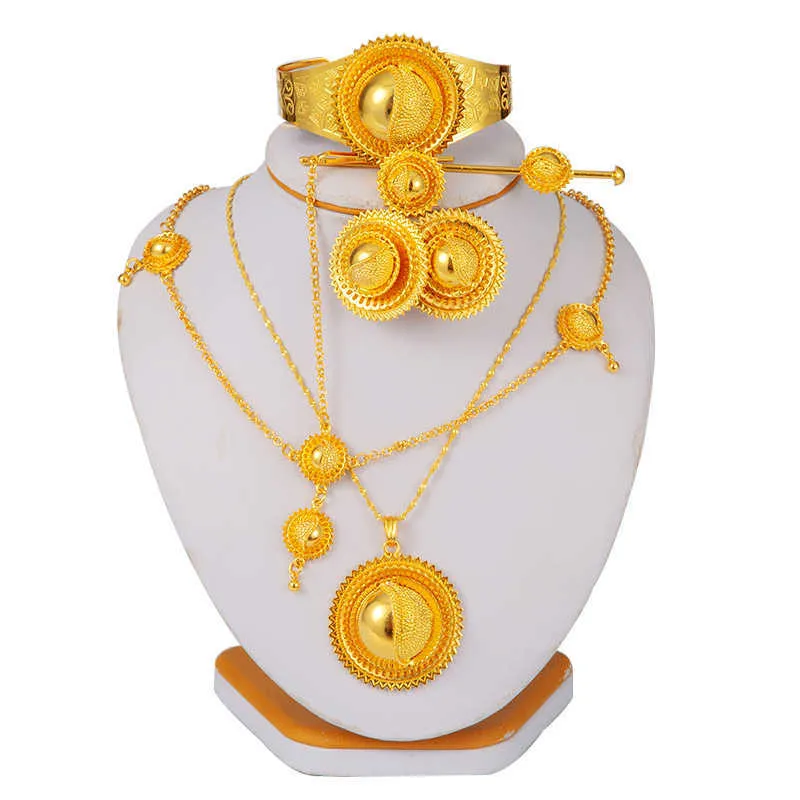 Ethiopian jewelry sets for Women Gold Dubai Habesha Jewelry with Hairpin Head chain African bridal wedding Gift collares 210720