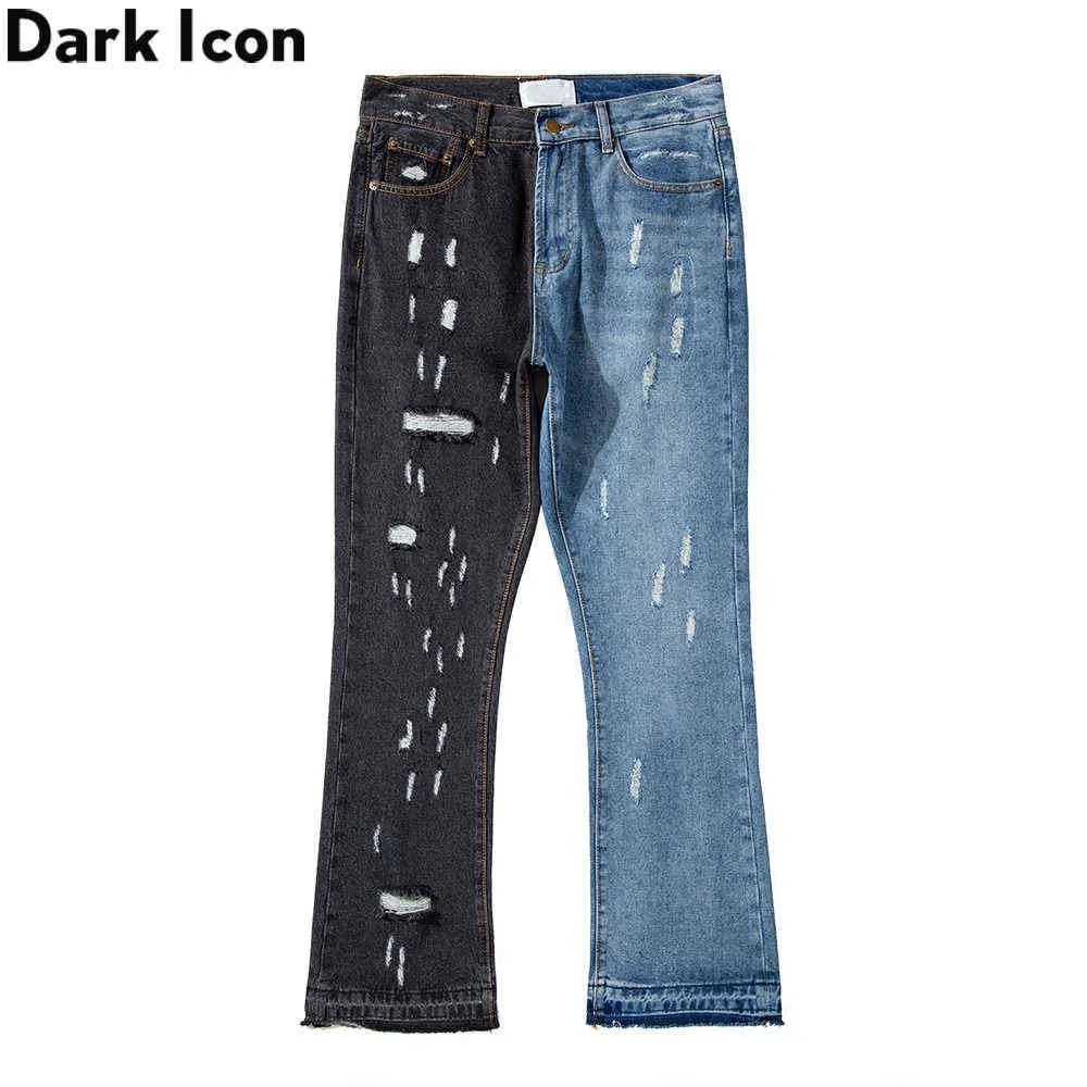 Färgblock Ripped Jeans Men Flare Denim Byxor High Street Mäns byxor 210603