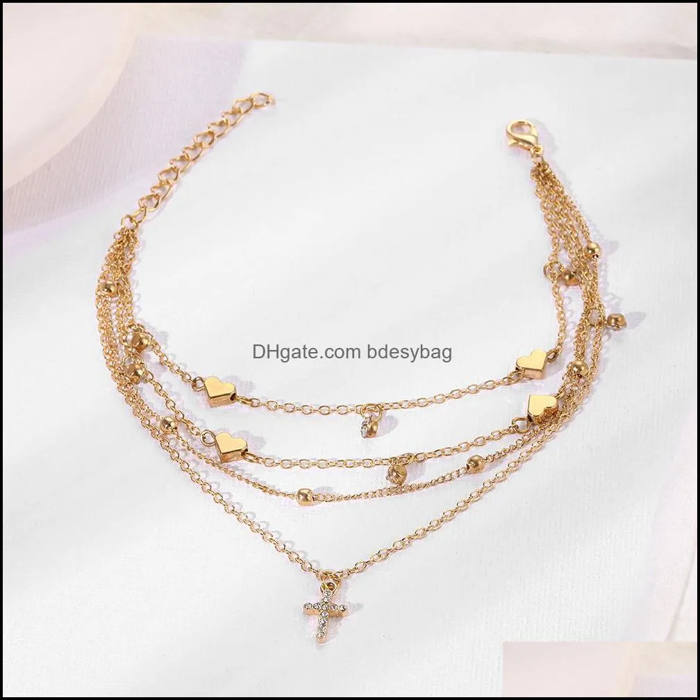 2021 Love cross Rhinestone Multi-layer Anklet Footwear