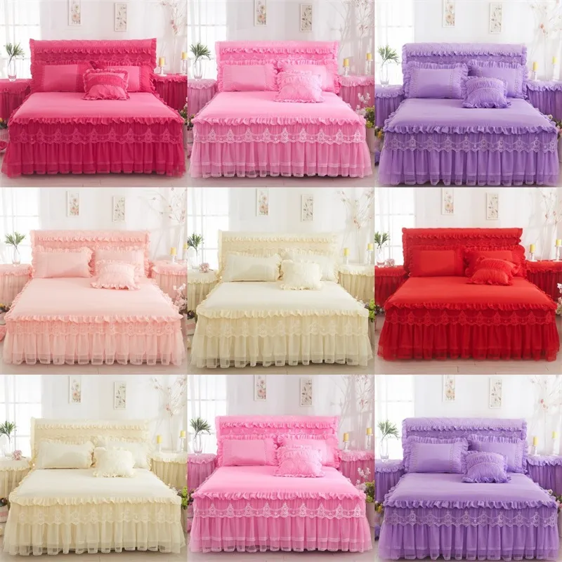 Princess Lace Bedspread Bed Skirt 3pcs set bedding Bed sheet Cotton Pillowcase King Size 358 R2