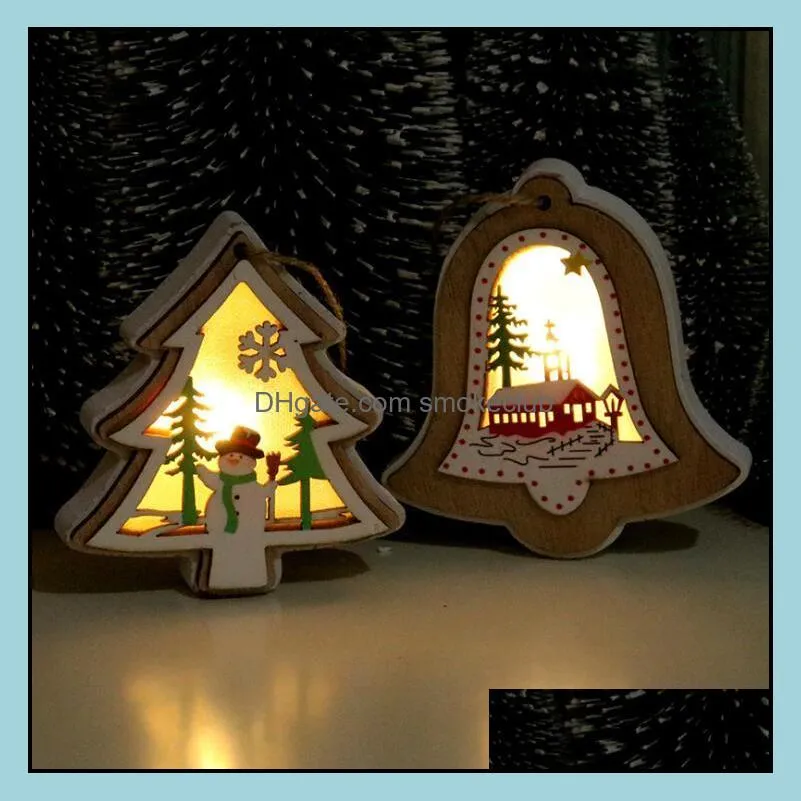 Dekoracje świąteczne dostawy Strona główna Gardenchristmas oświetlony Drewniany Boże Narodzenie Dzwon Prezent Star Design Wisiorek Merry Xmas Drzewo Wiszące Orn