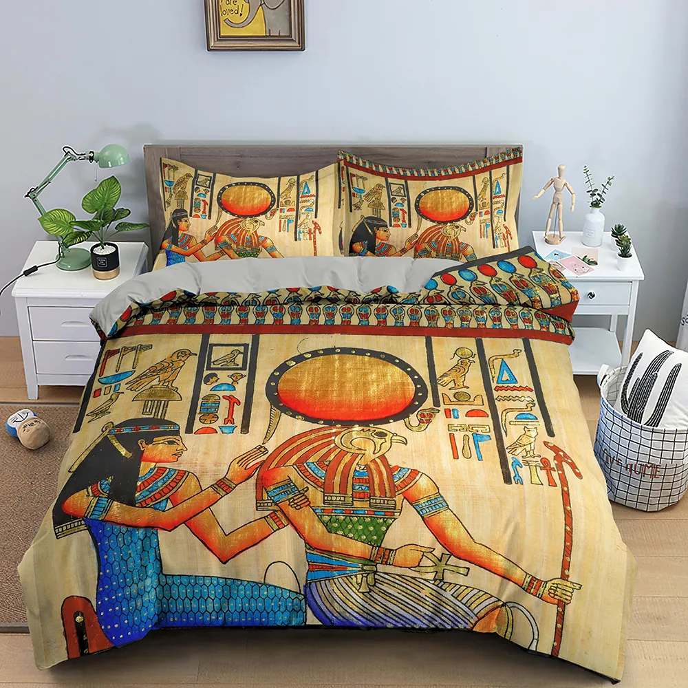 Bedding egípcio conjunto antigo Egito civilização edredom caráteres caseiros têxteis de cama africano 2/3 peças 210309