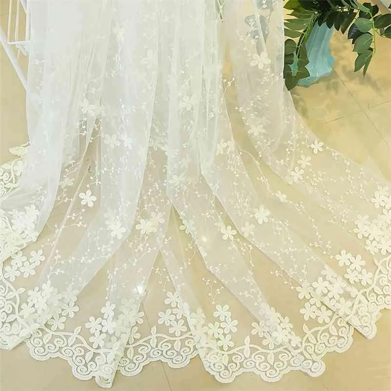Embroidered Lace Curtain for Bedroom Sheer Elegant Organza Floral Delicate French Window Treatment Tenda wp058C 210712