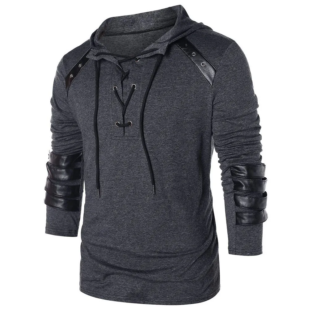 Men Hoodie Plus Size Punk Pu Leather Long Sleeve Lace Up Black