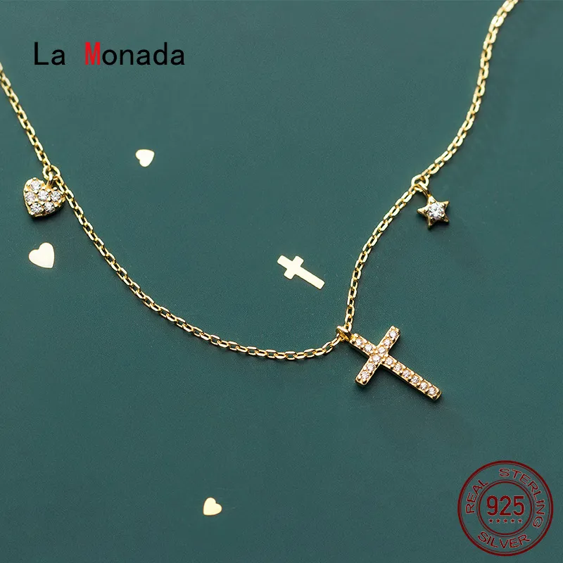 La Monada Femme Collier 925 Chaînes En Argent Femme Sur Le Cou Corss Étoile Coeur Pendentif Fine Bijoux Pour Femmes Collier Argent Filles Q0531