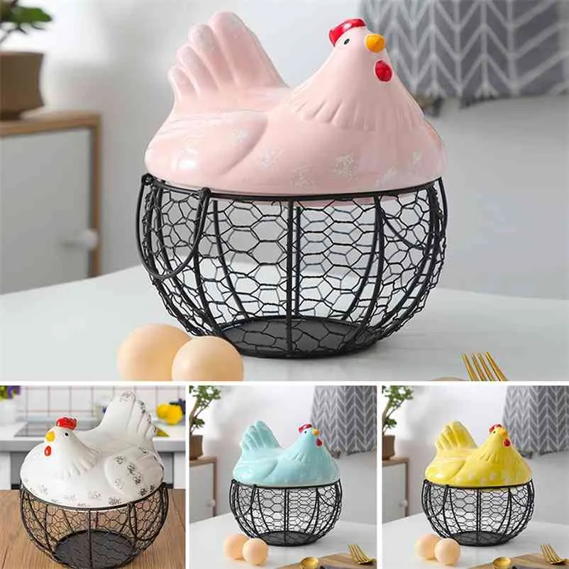 Metal Wire Basket with Ceramic Hens Cover Fruit Egg Holder Decorative Kitchen Storage s for Household Items DFK889 210609