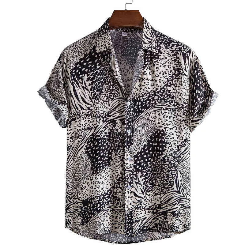 Zebra tröjor Män Kortärmad Casual Mens Aloha Shirt Beach Hawaiian Leopard Print Camisas Summer Märke Patchwork Splice Camisa G0105