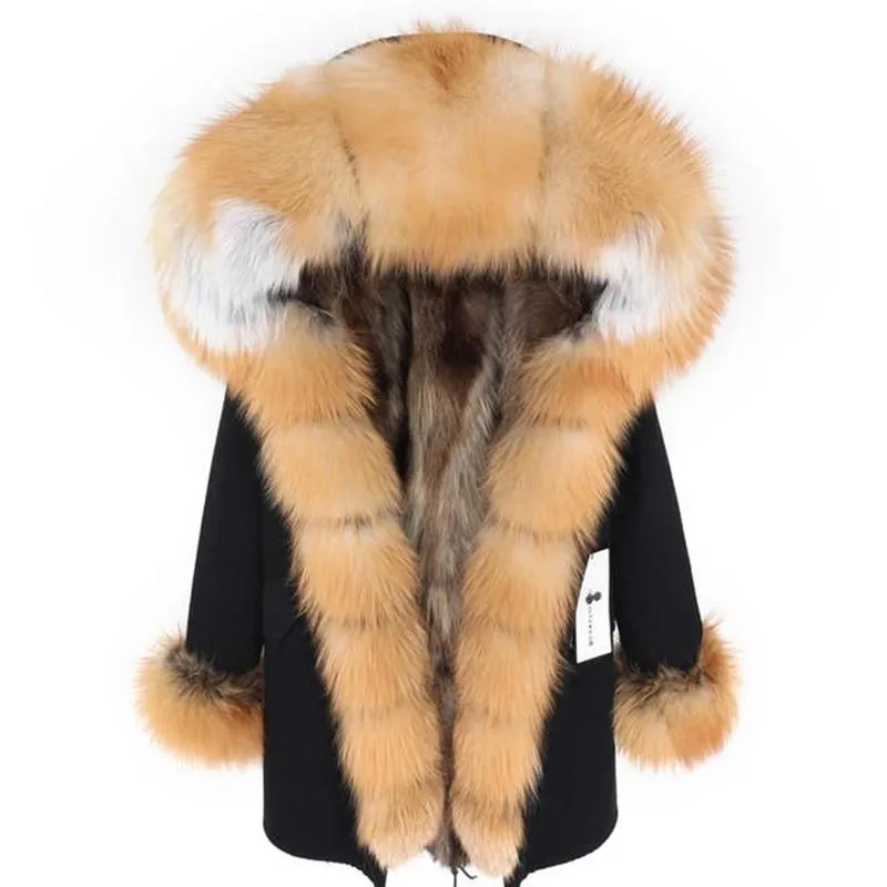Kvinnors Fur Faux 2021 Maomaokong Kvinnor Vinter Real Collar Wild Park Raccoon Lining Jacket Long Coat Kläder