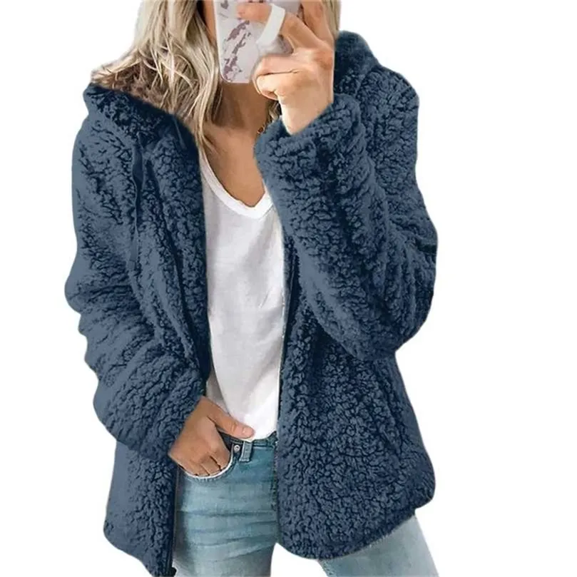 Kvinnor Höst Vinterjacka Kvinnlig kappa Kausal Soft Hooded Fleece Plush Warm Plus Size Faux Fur Fluffy Zipper Top Sudadera 211109