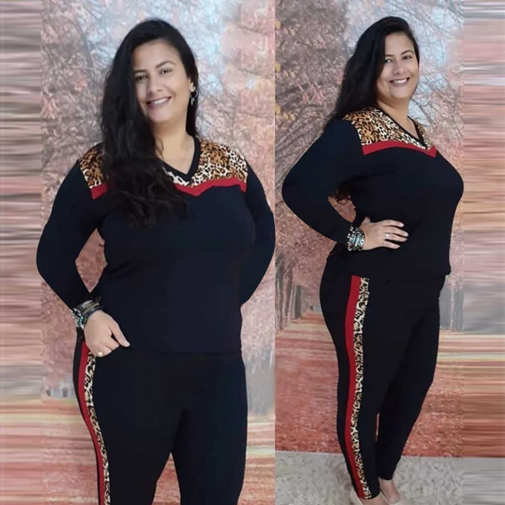 Vente grande taille femmes décontracté deux pièces ensemble à manches longues léopard couture hauts et pantalons costume dames survêtements ensemble de vêtements D30 Y0625