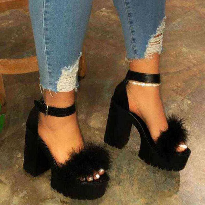 Ladies Furry Sandals High Heels With Fur Women's Platform High Heels Ladies Ankle Straps Ladies Wedges 2021 Summer Fashion H1126