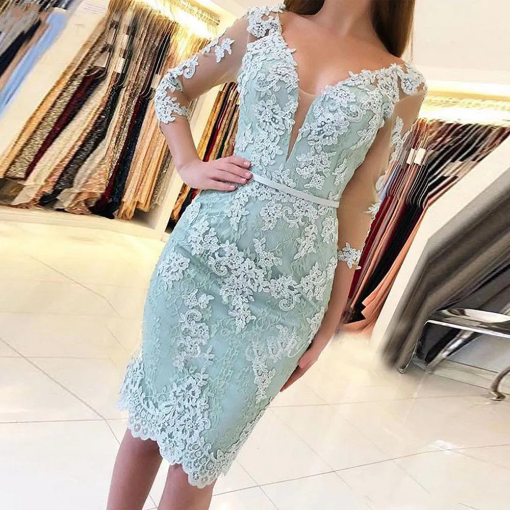 2021 Cocktailkleider Dreiviertelärmel V-Ausschnitt Mintgrün Elegante Partykleider SpitzeApplique Perlen Kurz Vestido Coctel