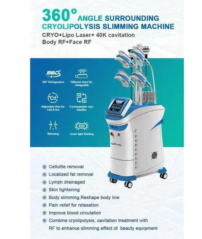 freezen Slimming Super cryotherapy 4 handles working together Cryolipolysis+Cavitation+RF+lipolaser double chin removal with 5 handle Machine