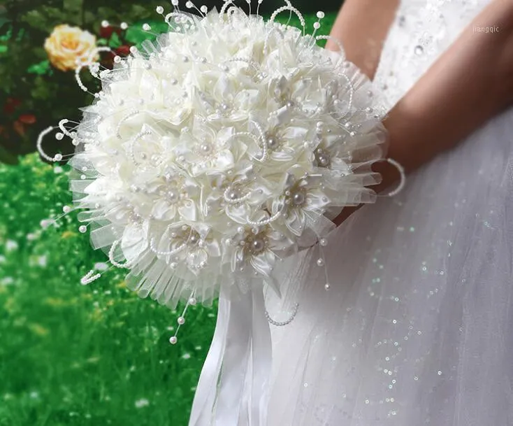 Bouquet de mariée en soie perlée, roses romantiques, fleurs à main, ruban, décoration florale de demoiselle d'honneur de mariage